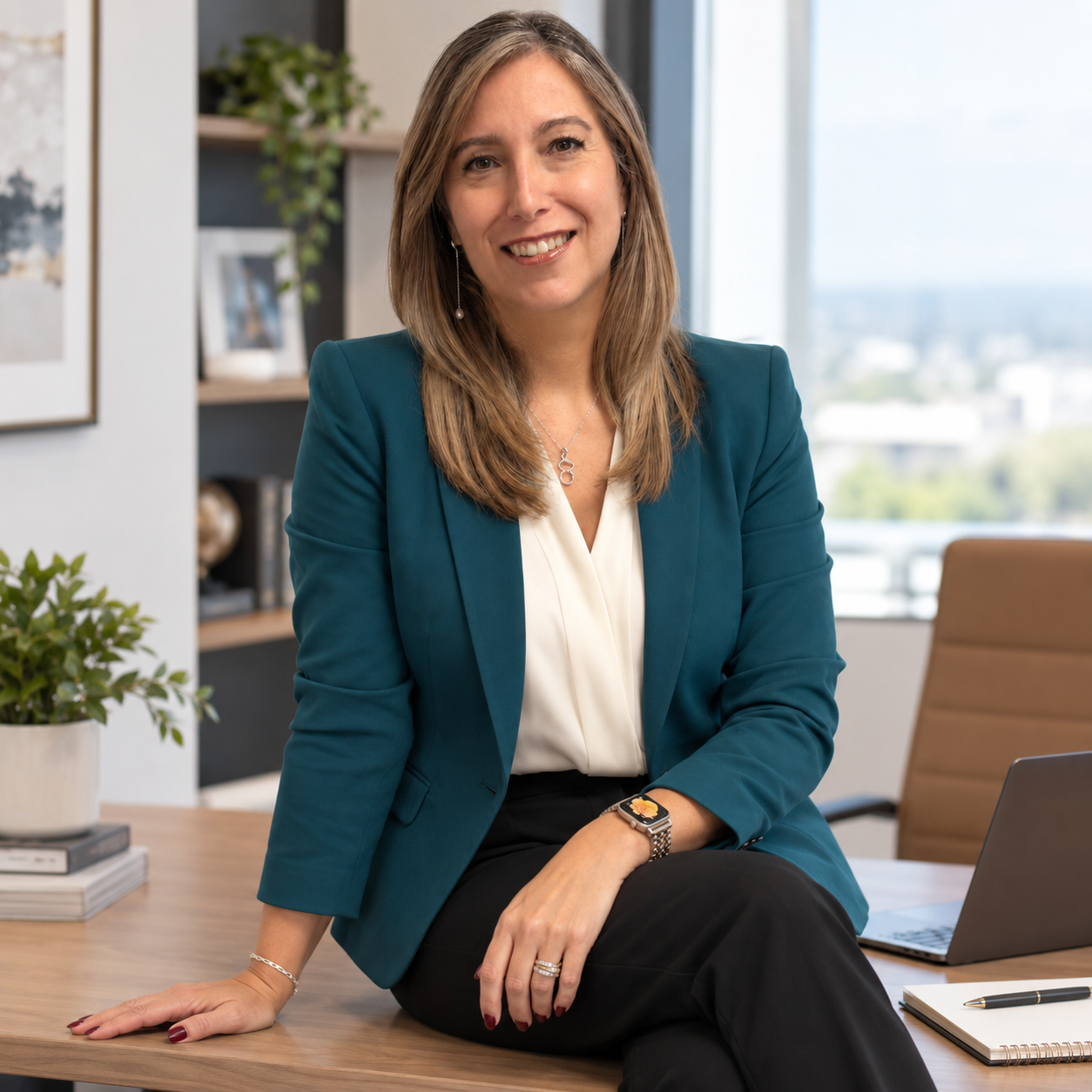 Vanessa y otro profesional hablando de trabajo en una mesa de reuniones con un ordenador portátil en una oficina luminosa