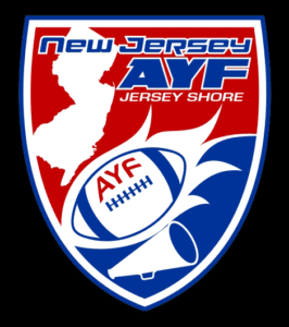 New Jersey AYF Jersey Shore logo with football, megaphone, and outline of New Jersey; red, white, and blue colors.