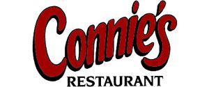 Connie's Restaurant logo with red cursive text and a black shadow, "RESTAURANT" is in black at the bottom.