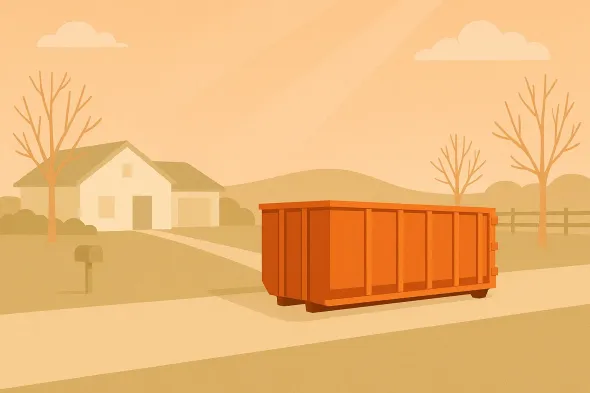 Orange dumpster on a road in front of a house, under a brown-toned sky.