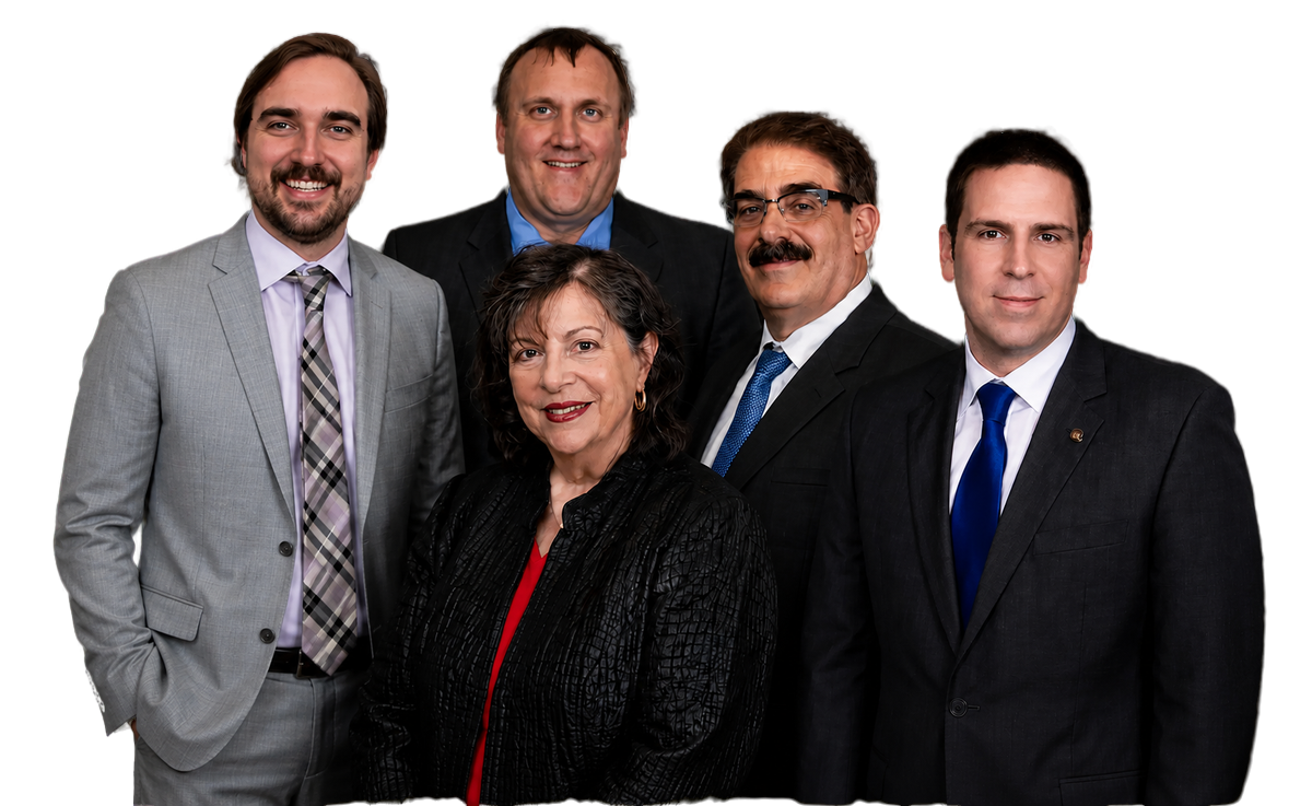 Five professionals in business attire posed against a white background.