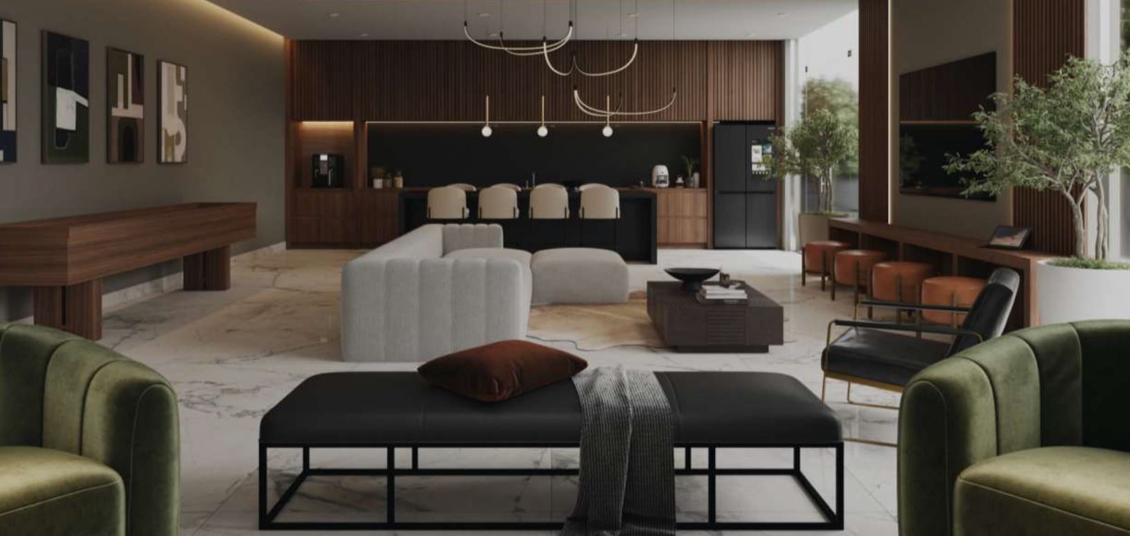 Modern living room with dark wood accents, green chairs, black tables, and a large sectional sofa at The Arcadian in Fort Lauderdale