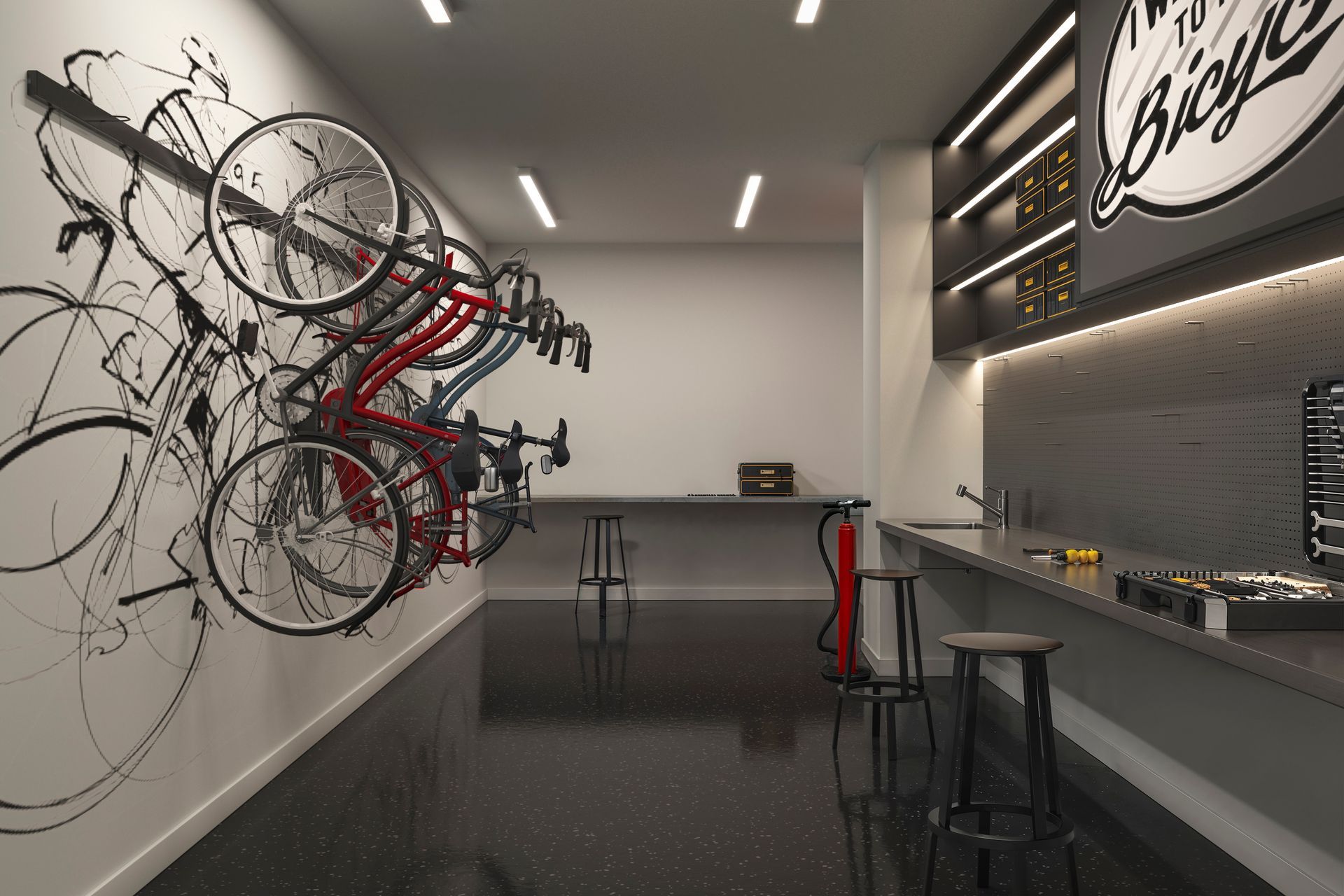 Modern bicycle shop interior with bikes mounted on the left wall and work stools along the right counter at The Arcadian in Fort Lauderdale