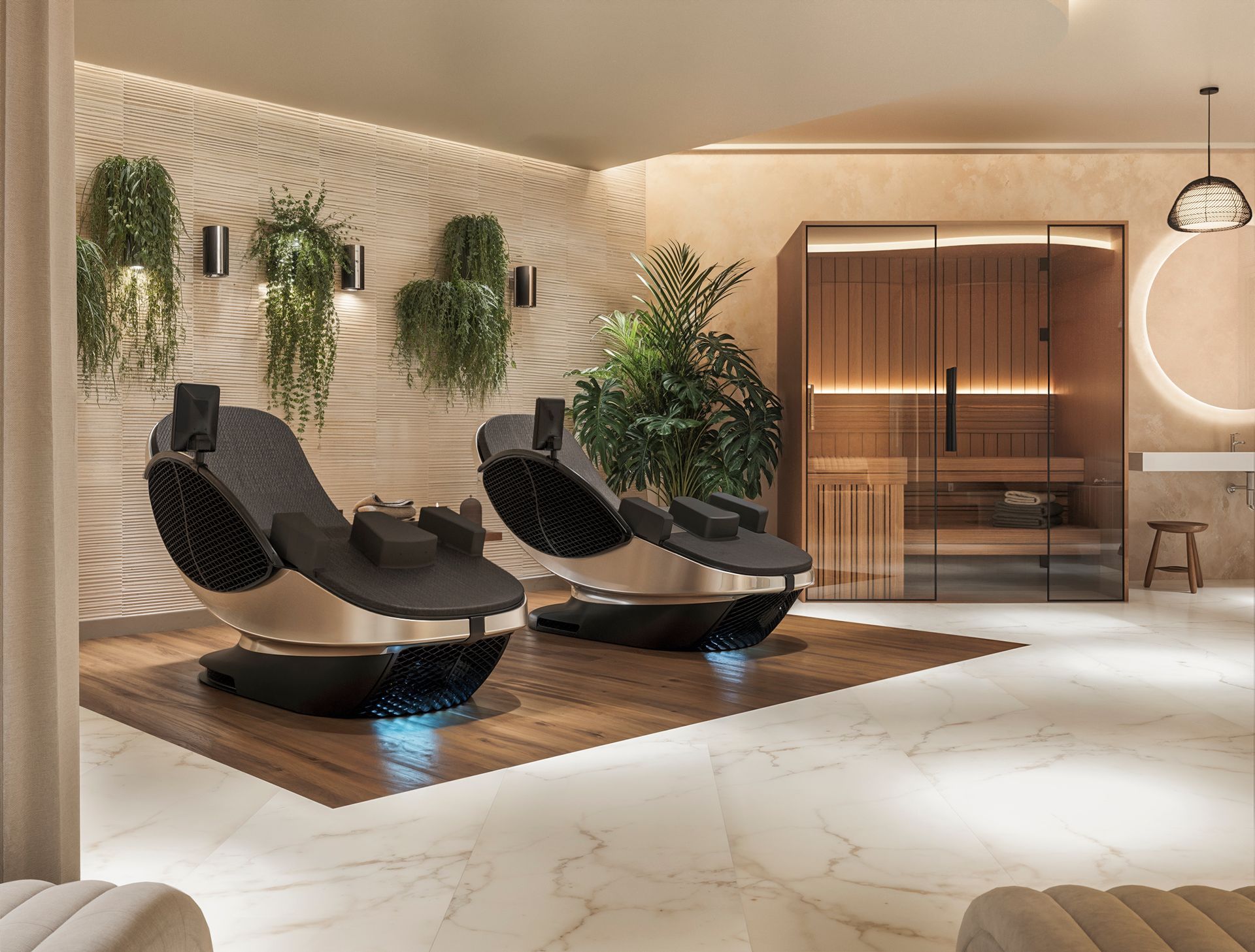 Modern spa lounge with two black recliners, hanging plants, warm wood accents, and soft lighting at The Arcadian in Fort Lauderdale