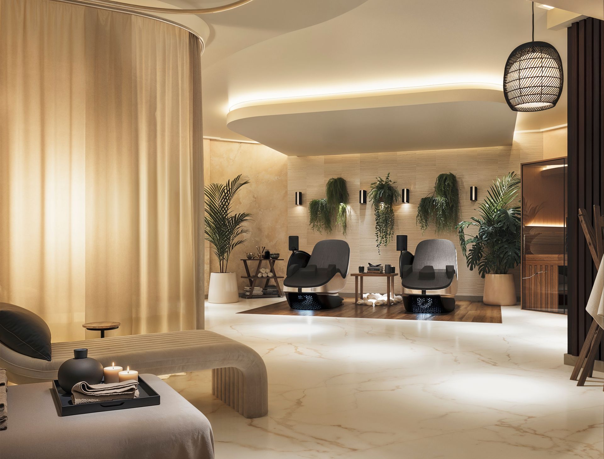 Elegant spa lounge with cream curtains, lounge chairs, plants, and soft ambient lighting at The Arcadian in Fort Lauderdale