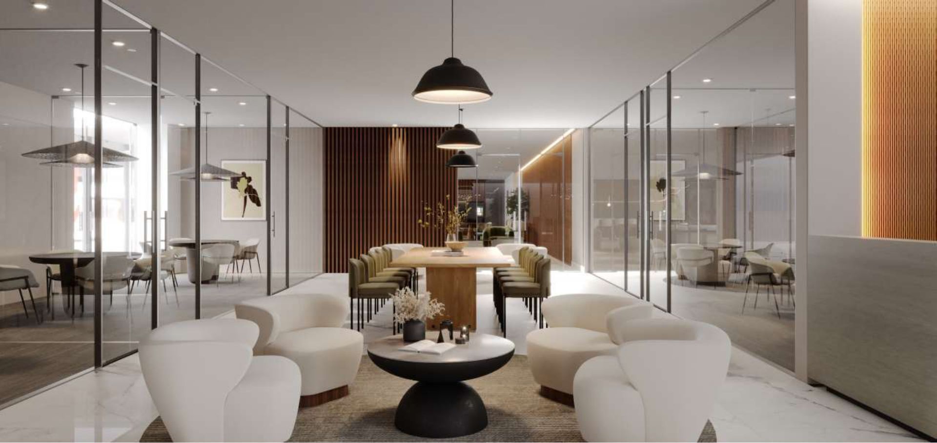 Modern glass-walled office lounge with white chairs, central table, and pendant lights at The Arcadian in Fort Lauderdale