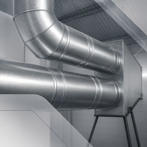 Conductos de ventilación industriales plateados en una pared dentro de una sala de máquinas.