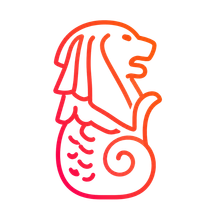 Orange and pink gradient line-art of a merlion-style sea lion with a fish tail.