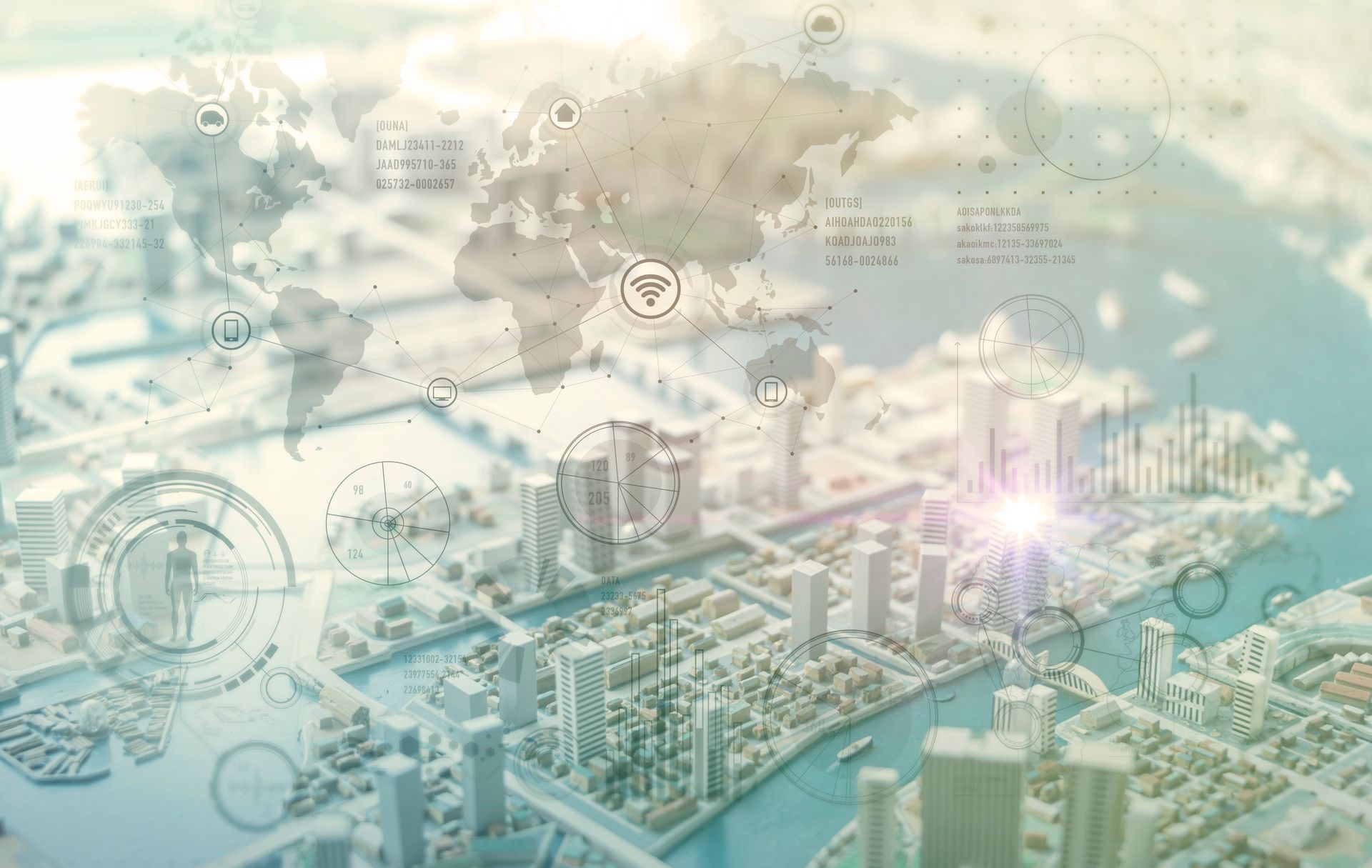 Overlay of a world map and digital interfaces over a detailed miniature city.