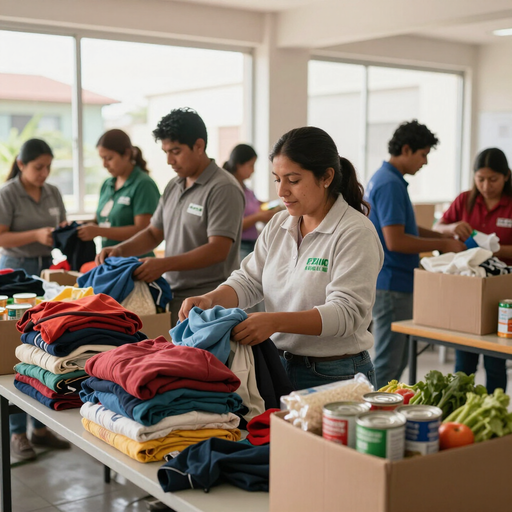 Voluntarios clasificando ropa doblada y suministros sobre mesas en una luminosa sala comunitaria.