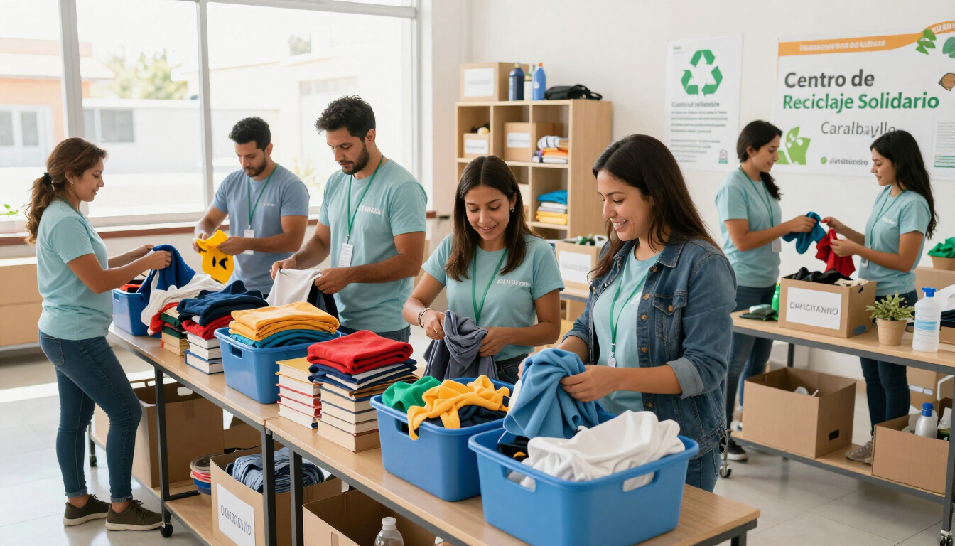 Voluntarios clasificando ropa donada en un centro de reciclaje con contenedores y estantes etiquetados al fondo.