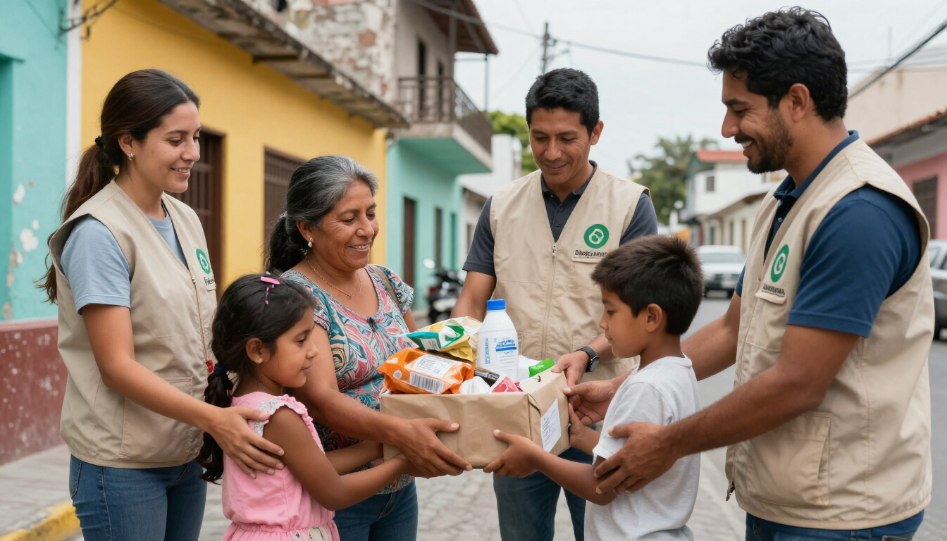 Voluntarios con chalecos beige entregan suministros a una familia al aire libre en una calle del barrio.