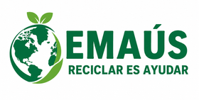 EMAÚS logo in green with globe and leaves, reading “RECICLAR ES AYUDAR”