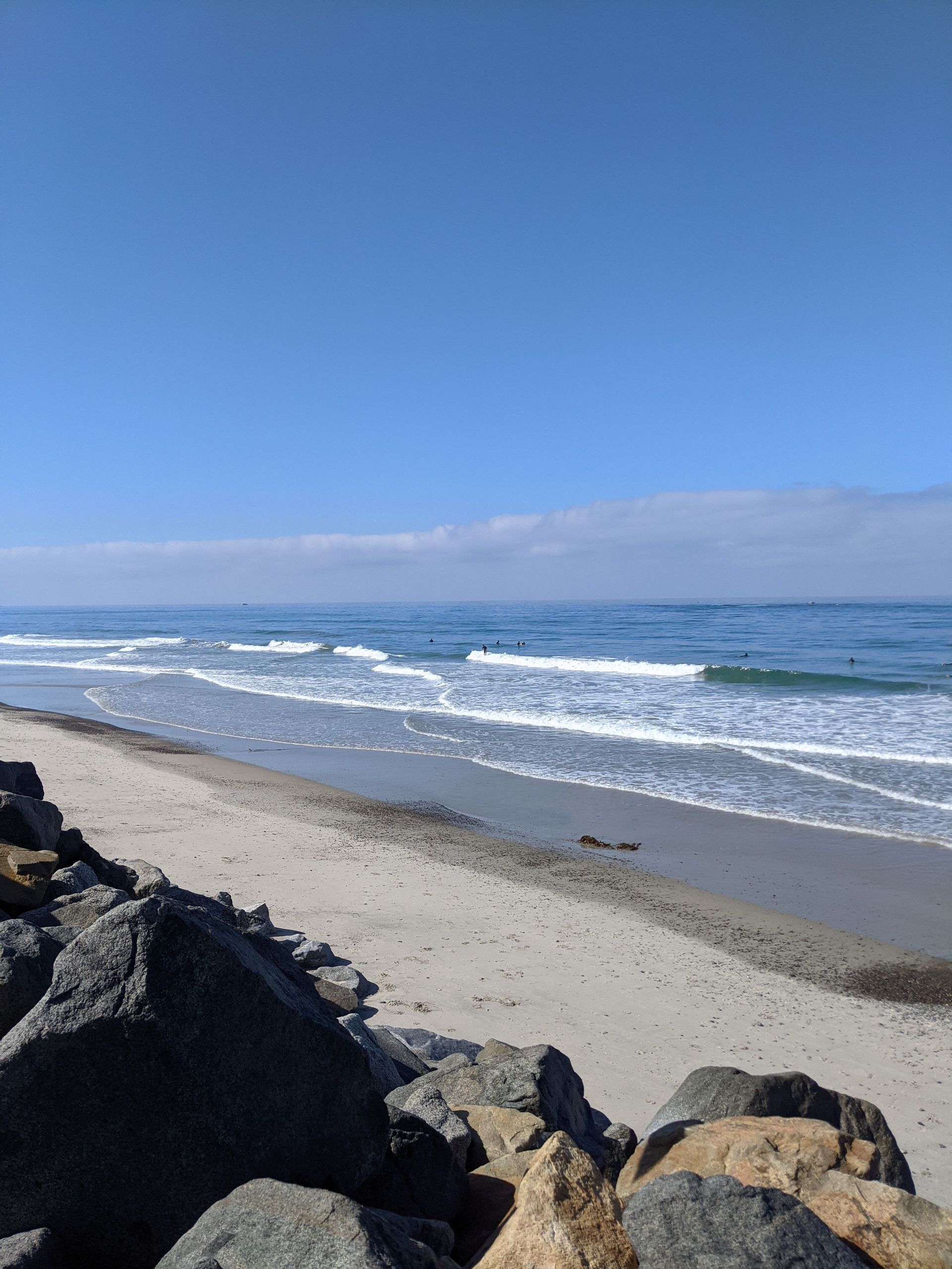 Rocky beach with gentle waves under a clear blue sky