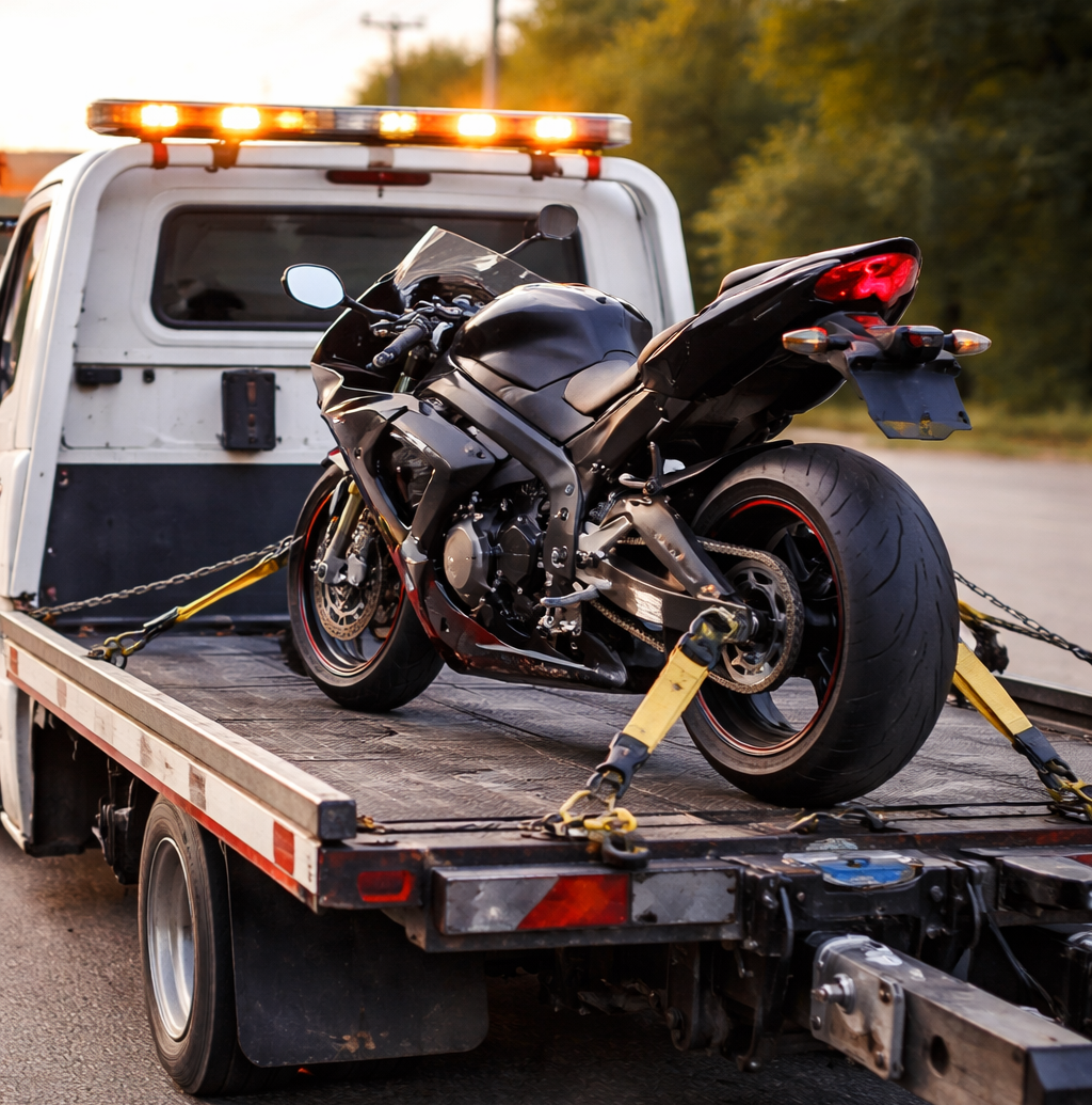 A black sport motorcycle is secured with yellow tie-down straps on the flatbed of a white tow truck.
