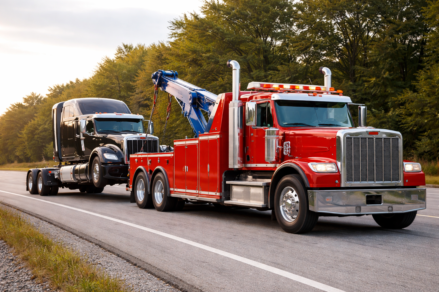 A red tow truck driving on a road, towing a black semi-truck behind it against a background of trees.