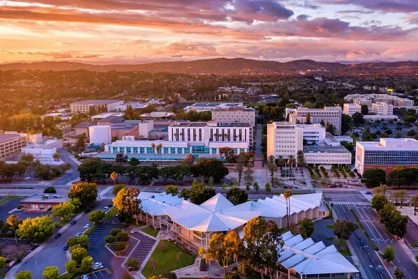 An aerial view of a city with buildings and trees at sunset.