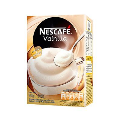 Caja de Nescafé Vainilla en polvo. Bebida cremosa con cuchara en vaso transparente. Caja marrón claro.