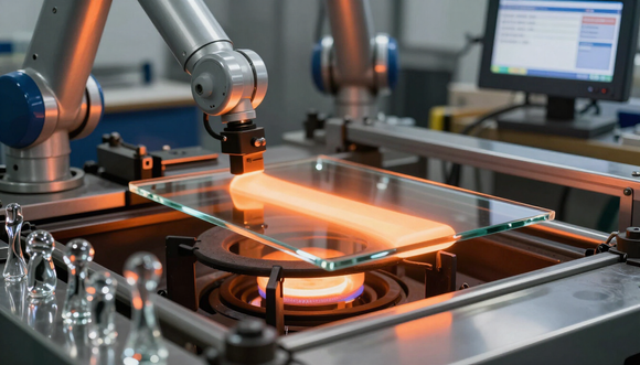 Un braccio robotico industriale salda lamiere metalliche incandescenti in un'area di lavoro di una fabbrica.