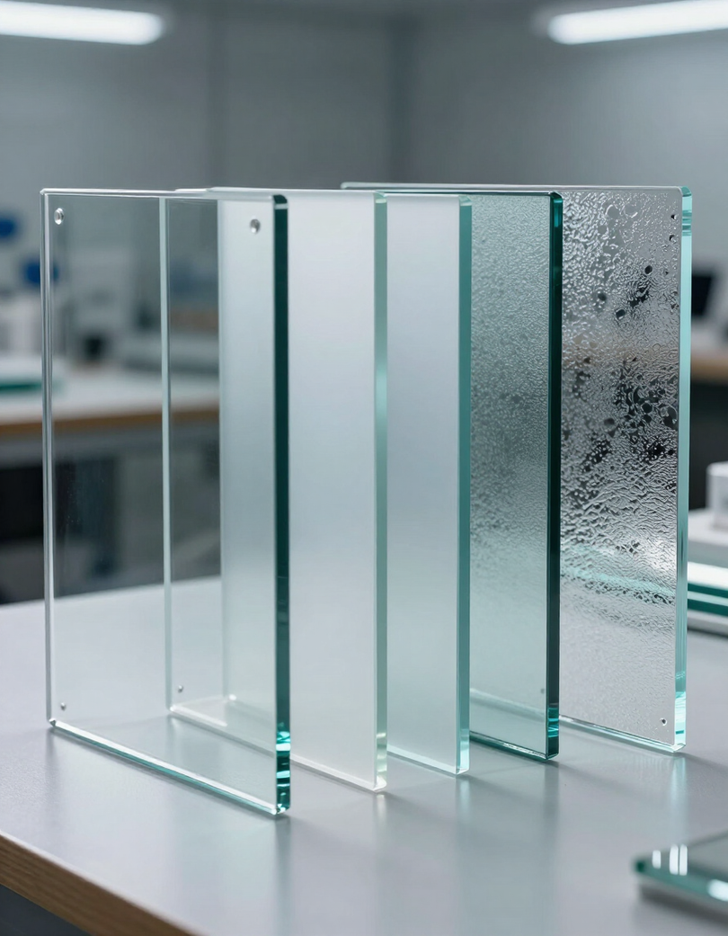 Pannelli di vetro trasparente su un banco da lavoro in un moderno ufficio o laboratorio.