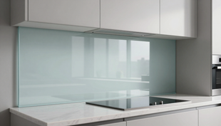 Cucina moderna con mobili bianchi, paraschizzi in vetro azzurro, piano di lavoro bianco e piano cottura a incasso.