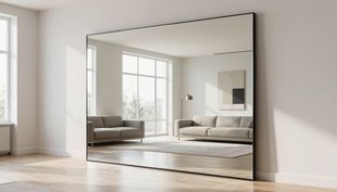 Soggiorno minimalista visto in un grande specchio a parete, con divano beige, luce naturale e pavimento in legno.