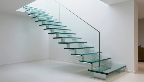 Scala moderna sospesa in vetro con supporti in metallo in un interno minimalista bianco