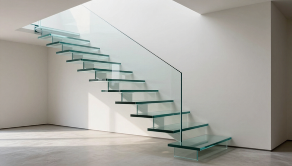 Scala moderna e minimalista in vetro con gradini sospesi in un interno bianco.