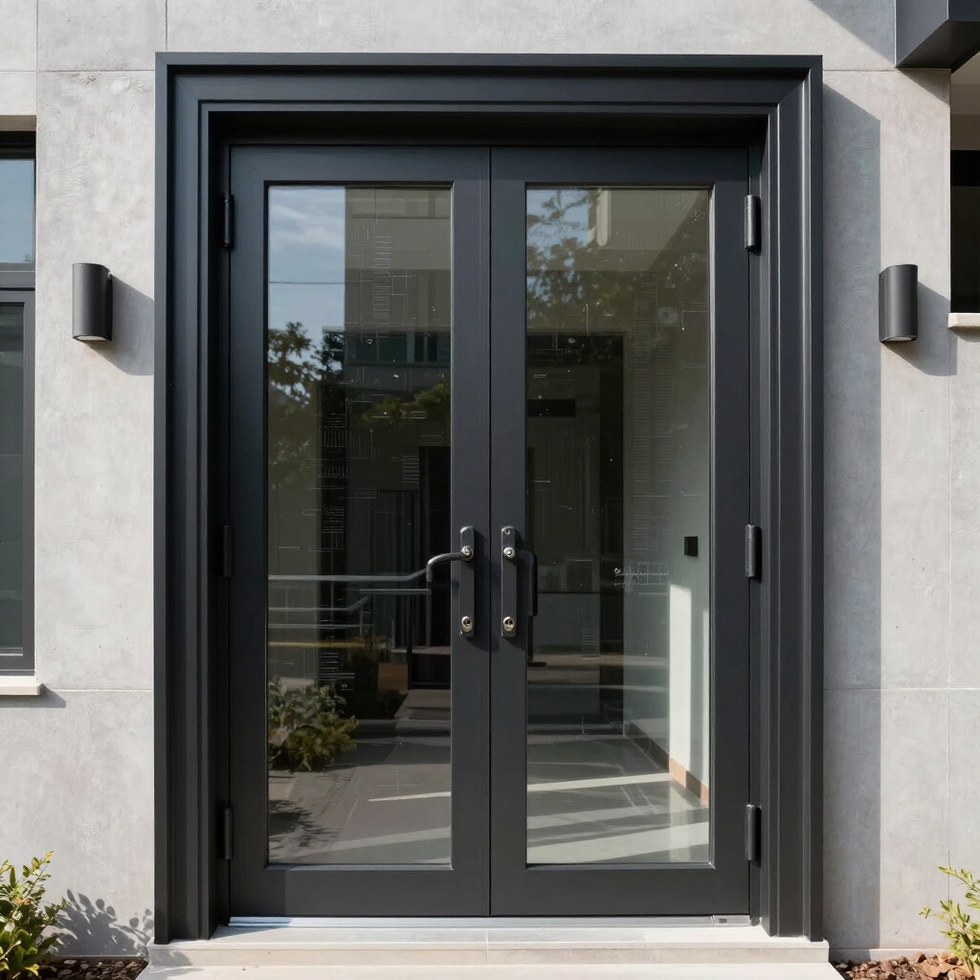 Doppie porte d'ingresso moderne con telaio nero e vetro su un edificio in pietra chiara.