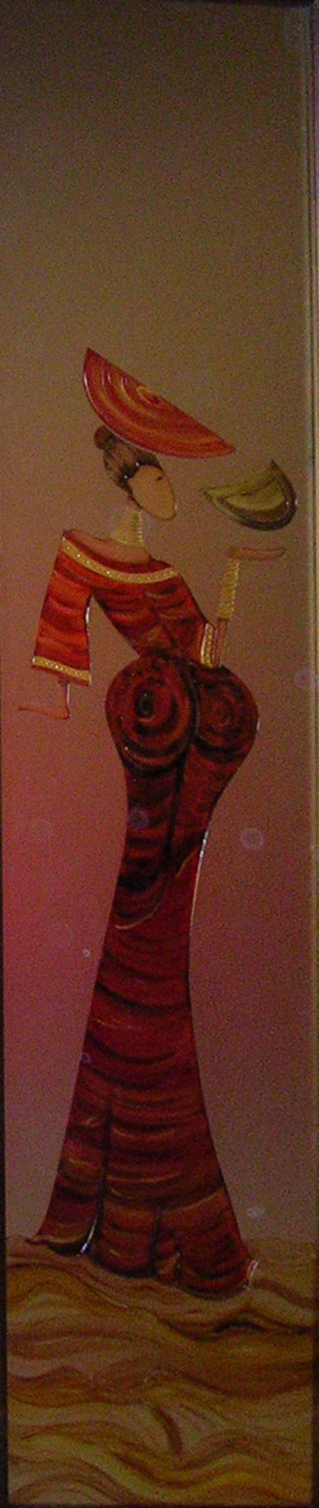 Dipinto astratto raffigurante due figure allungate in rosso e viola accanto a un vaso alto su uno sfondo materico.