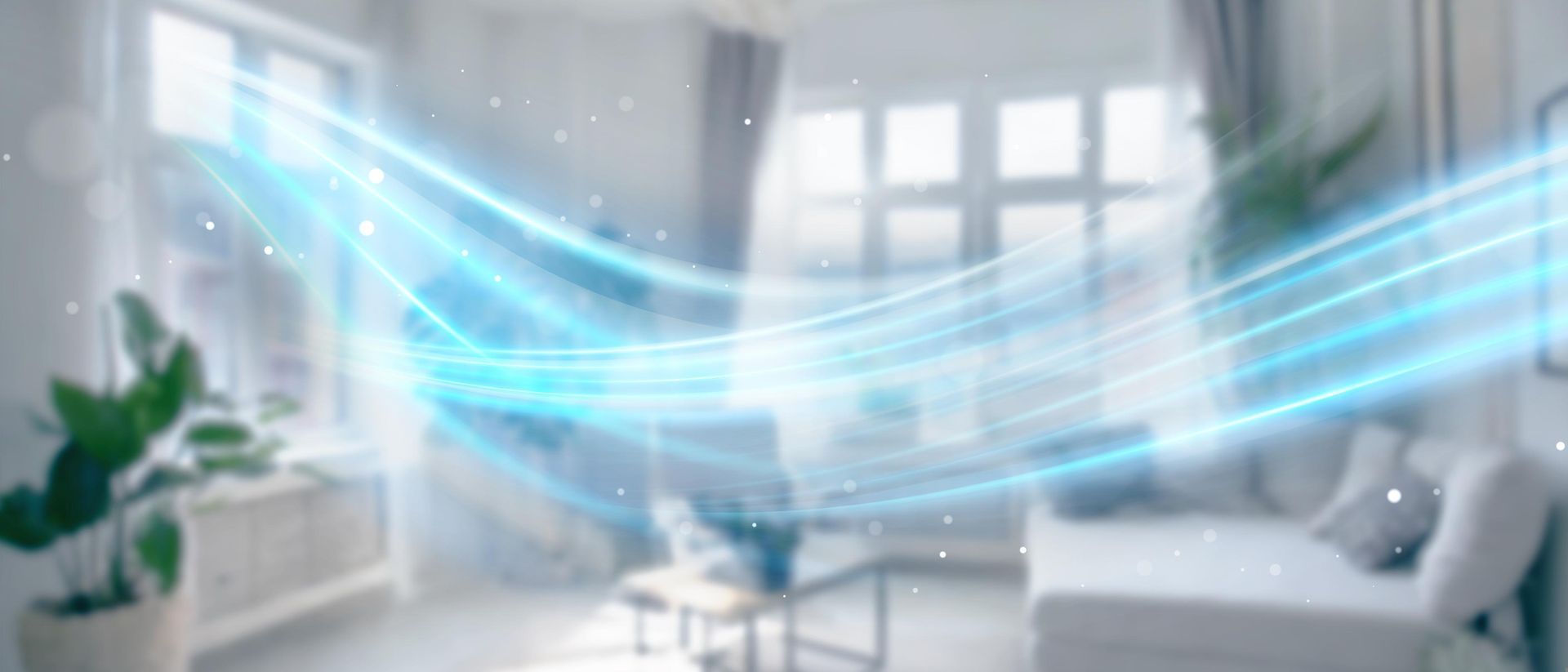 Bright airy living room with blue flowing light waves and a houseplant by a window