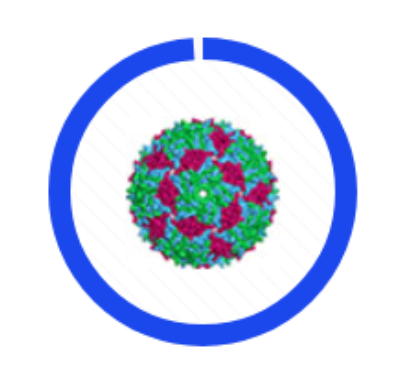 Blue circular progress ring with a multicolored virus-like sphere in the center