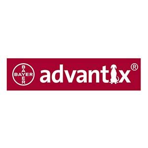 Bayer Advantix logo on a red rectangular banner with white text and a dog silhouette