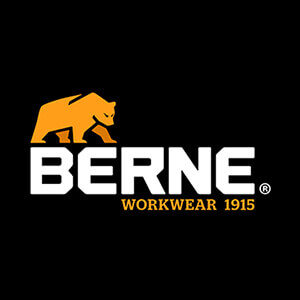 BERNE Workwear logo with orange bear above white text on black background