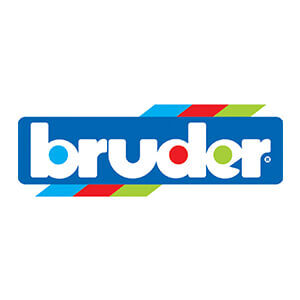 Bruder logo in blue lowercase letters with red, green, and blue stripes
