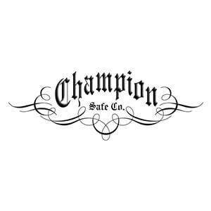Ornate black “Champion” logo with decorative swirls and small “Sate Cn.” text on white background