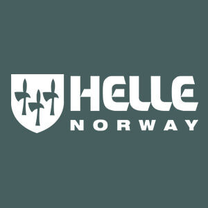 Helle Norway logo in white on a dark green background, with a shield emblem and stylized symbols