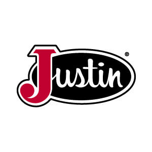 Justin logo in red and white on a black oval background
