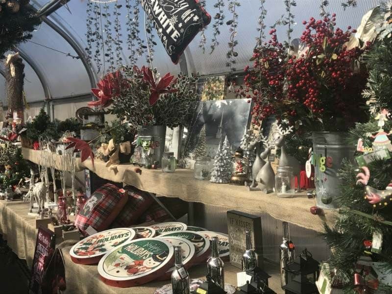 Market stall with red flowers, decorative pottery, and woven baskets displayed under a canopy