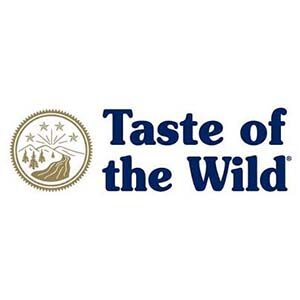 Taste of the Wild logo with blue text and a gold mountain emblem on a white background