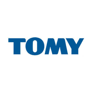 Blue TOMY logo on a white background