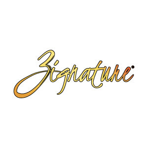 Gold cursive text reading “Signature” on a white background
