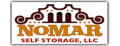 Logo for NoMar Self Storage, LLC featuring stylized arches above the company name in bold orange and red type