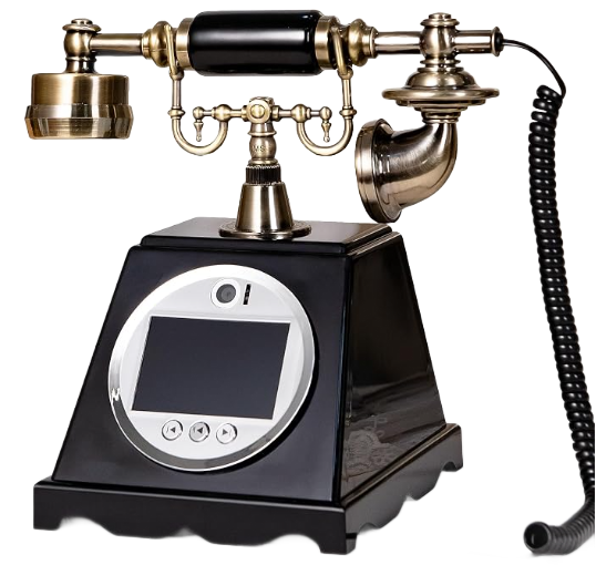Vintage black and brass candlestick-style telephone with rotary dial and coiled cord