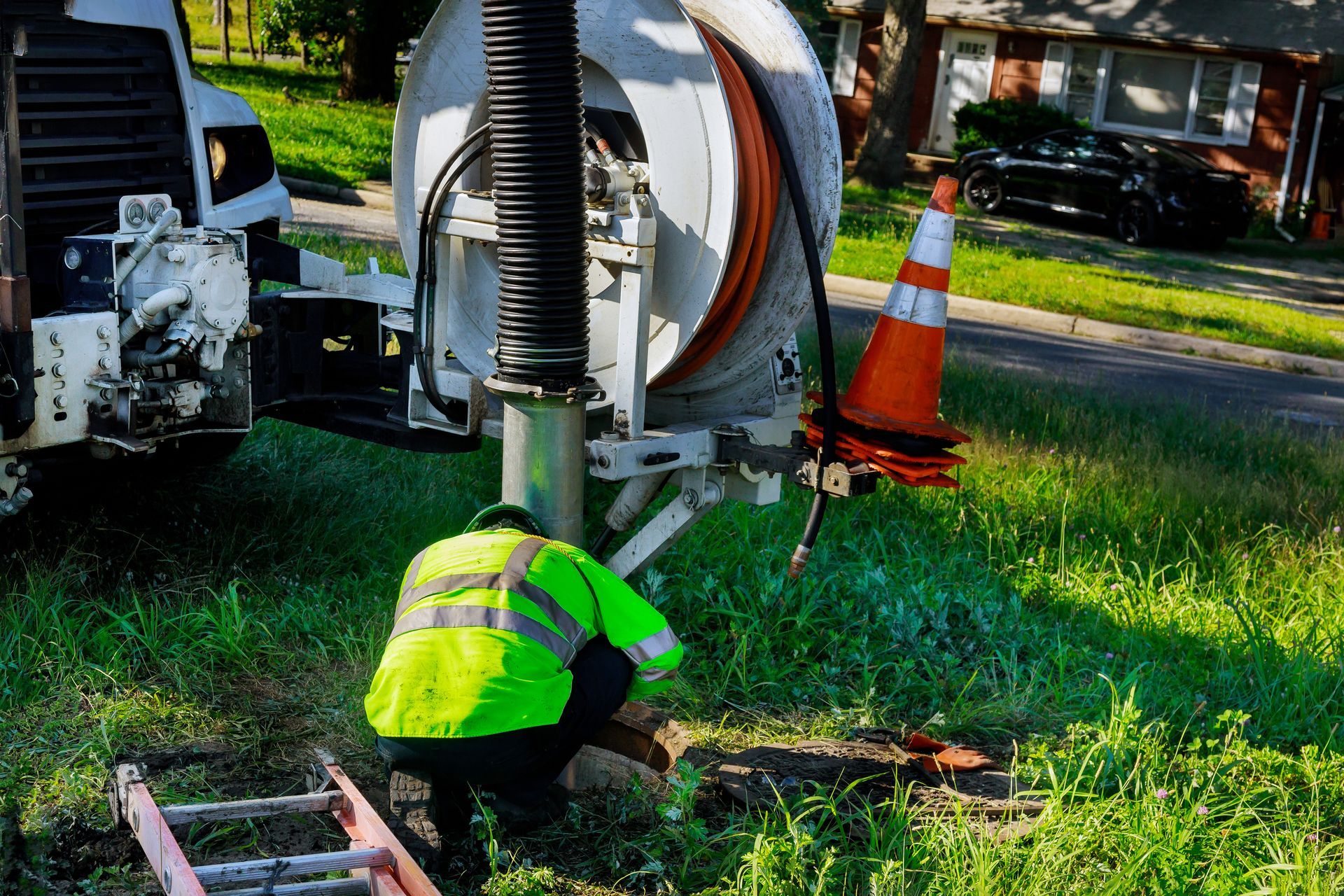 A septic tank cleaning truck servicing a residential property.