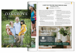 Magazine spread featuring a family portrait cover, an article on home maintenance tips, and an Allied Home Solutions ad.