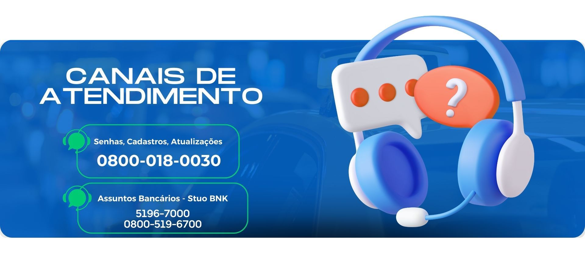 Canas de atendimento com headset azul e contatos de telefone em fundo azul