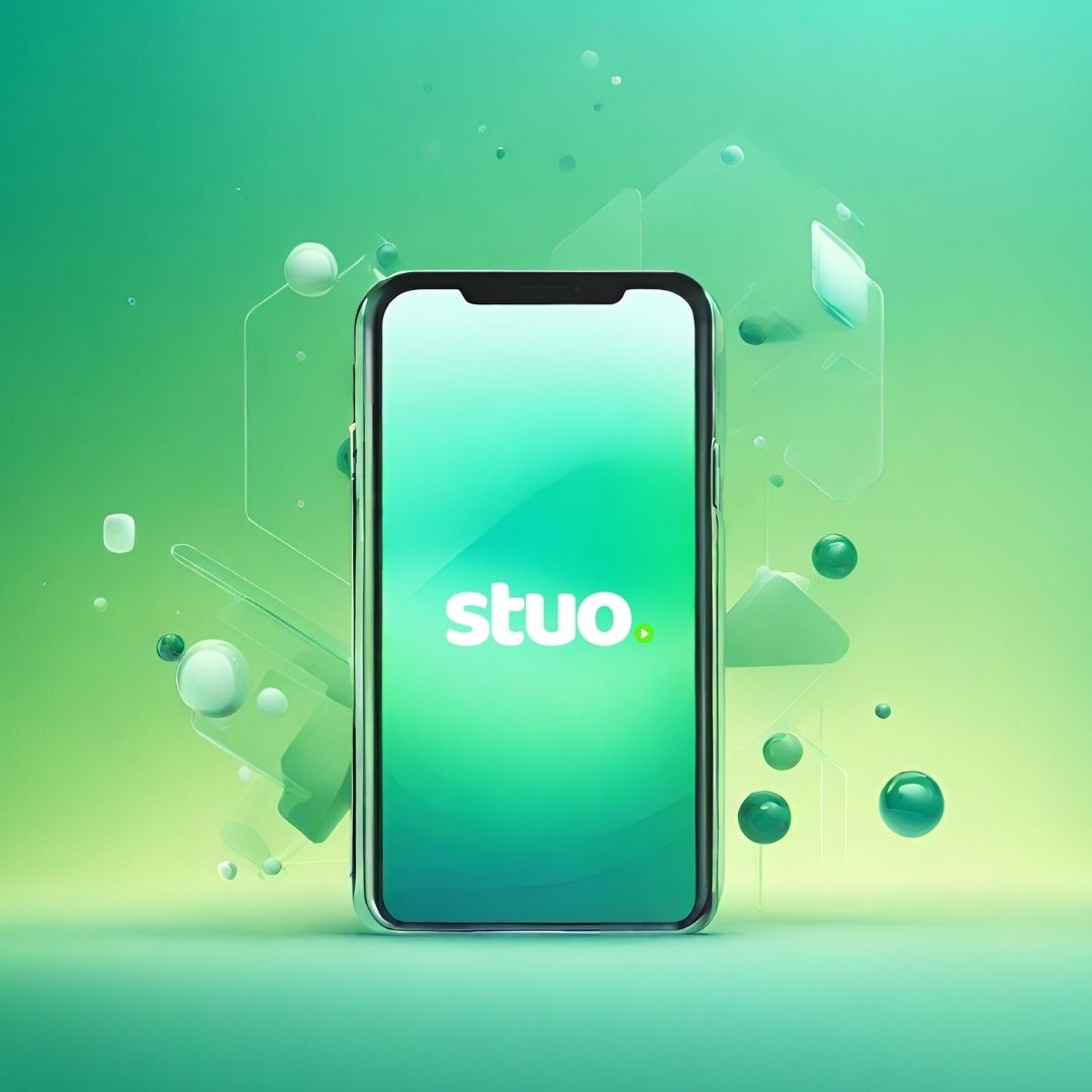 Smartphone with “stuo.” logo on a green gradient background with floating bubbles
