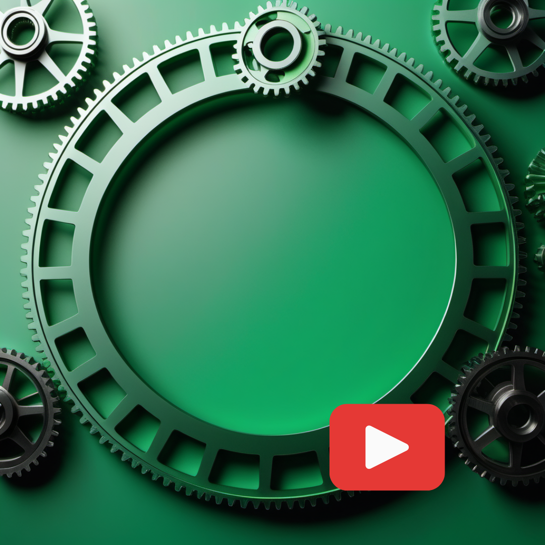 Green gear circle icon with a red play button overlay