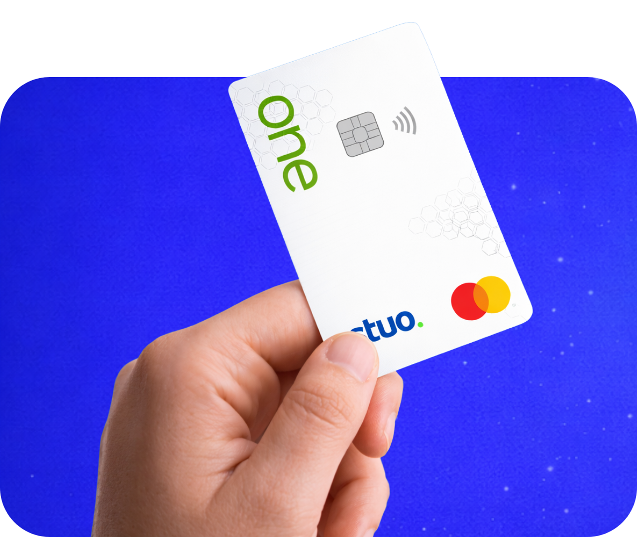 Hand holding a white and blue Mastercard debit card with contactless symbol on a blue background